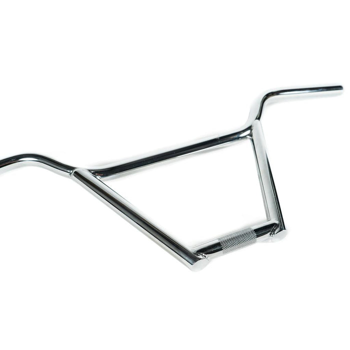 The Family Lift Kit 4pce Bars (22.2mm Clamp) are chrome BMX handlebars displayed against a white background, featuring a robust 4-piece design with a crossbar and a knurled grip center for secure attachment. Crafted from high-quality 4130 CrMo, these bars offer exceptional strength and reliability.