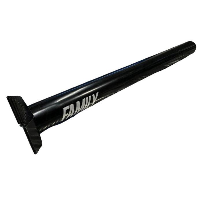 The Family Pivotal Seat Post, featuring a black metal finish and labeled "FAMILY," rests on a silver, diamond-patterned surface, highlighting its sturdy 25.4mm diameter.