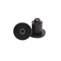 The Fiend Alloy Bar Ends, shown here in black, are pictured with one standing upright and the other laying flat—each featuring a central hex bolt. These alloy plugs are designed to protect your bike and offer a secure, stylish finish for your handlebars.