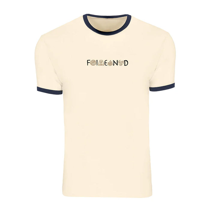 The Fiend Shirt Raekes DT Natural (Natural/Black) is a beige T-shirt featuring black collar and sleeve trim, with the word "FOLLOWING" in stylized typography across the chest, crafted using discharge printing techniques.