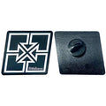 The Fit Bike Co Key Enamel Pin is shown: one side displays a white geometric cross with "fitbikeco." text, while the other side shows the black metal back and clasp.
