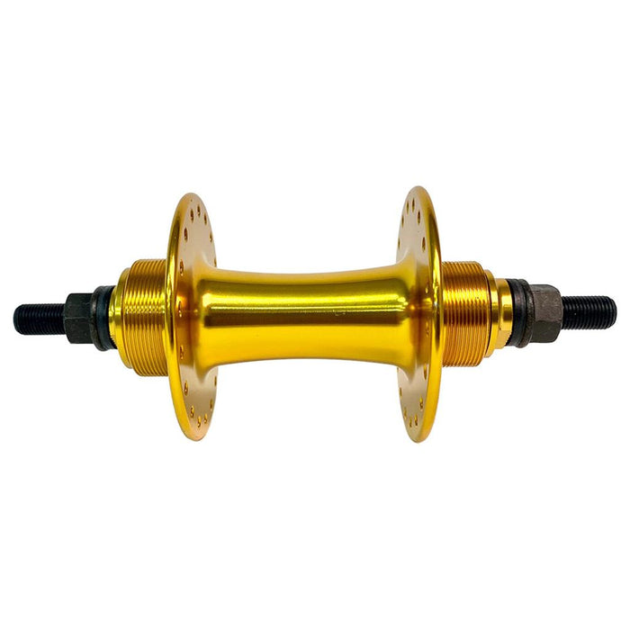 The Fit Bike Co Retro Rear Flip Flop Hub is gold-colored with 36 holes, multiple spoke holes on both flanges, flip flop threading, sealed bearings, and threaded axle ends, shown in a side view.