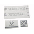 The Fitbikeco Augie Frame Decal Set includes a large decal featuring the "Fitbikeco" logo, along with two smaller decals adorned with logos and the text "Austin Augie (Wi-Fi) Dicey Edition," making it perfect for customizing your Augie frame or using as replacement sticker packs.