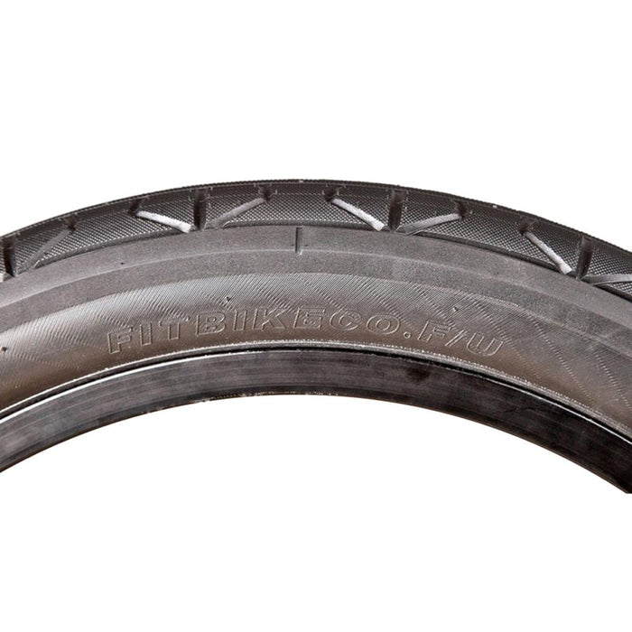 Close-up of the FITBIKECO F/U 20 Inch Tyre in black, highlighting its tread pattern and “FITBIKECO.F/U” embossed on the sidewall, engineered for pinch flat resistance and ideal for riding at low tire pressure.