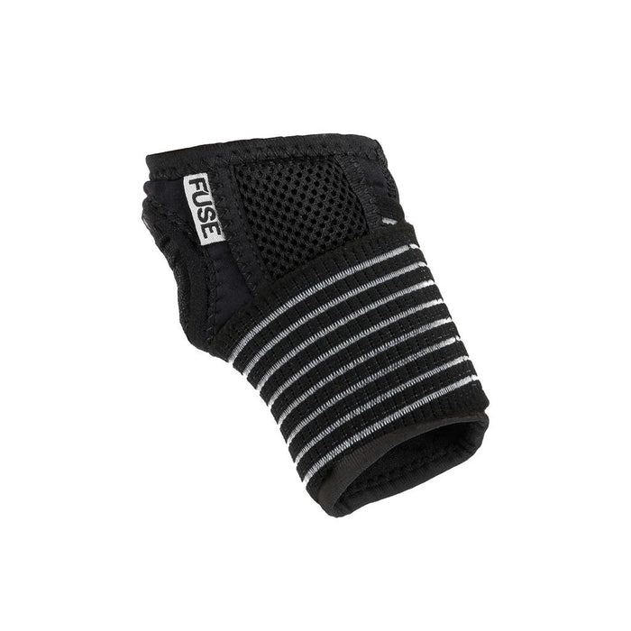 The Fuse Alpha Pro Wrist Guards (Pair), made from anti-bacterial neoprene with a striped elastic band and mesh panel, are black and shown on a plain white background.