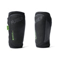 A pair of black Fuse NXG Shin Pads (youth size) with visible stitching and a green tag, displayed from front and back angles against a white background.