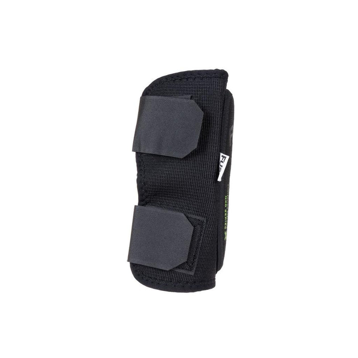 Fuse NXG Shin Pads (Pair) offer protective gear for active kids, featuring black fabric and two large adjustable Velcro straps for secure support and compression.