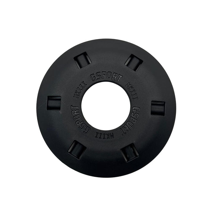 A black, circular G-Sport Gland MKIII NOS Front Hub Guard with embossed branding and five notched cutouts, designed for BMX bikes, shown from above on a white background.