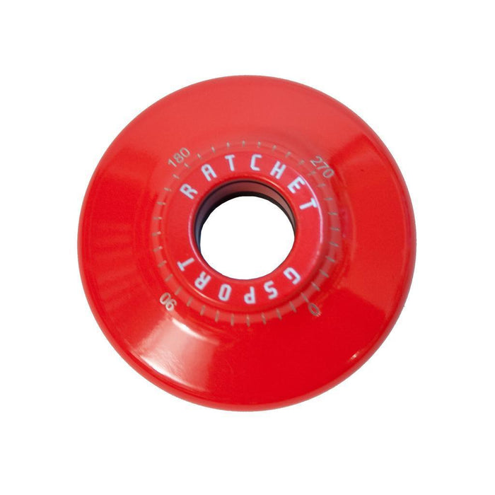 The G-Sport Ratchet Rear Hub Guard is a red aluminum hub guard with "RATCHET GSPORT" and degree markings around the center hole, shown from above on a white background—ideal as a BMX hub protector or Ratchet Hub Guard.