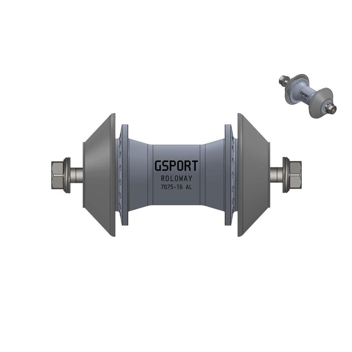 Technical drawing of a G-Sport Roloway Hub Guard with bolts, cone components, and hub shown in two different views.