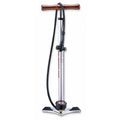 The Giyo Floor Pump is a sleek silver model equipped with a smooth wooden handle, an efficient pressure gauge, and a durable black hose. It effortlessly achieves up to 160 psi for optimal tire inflation.