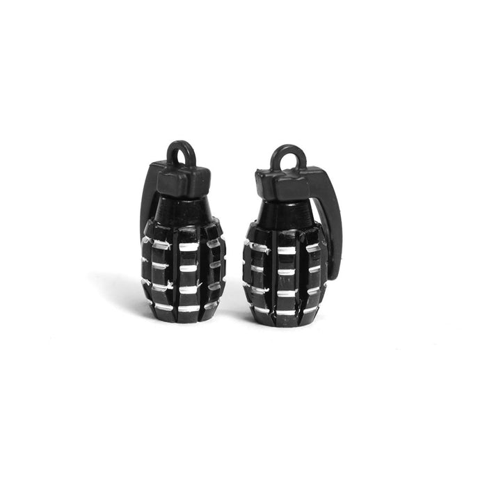 The Grenade Valve Caps (Pair) feature a small black grenade-inspired design with silver accents, compatible with Schrader Valves. Sold as a set of two and shown standing upright against a plain white background.