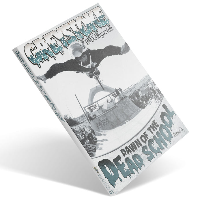 Grey Stoke BMX Magazine V4 features a rider executing an aerial trick above a ramp, with the headline "Dawn of the Dead School," highlighting new milestones in BMX history.