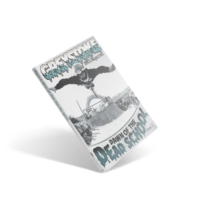 The "Grey Stoke BMX Magazine V4" features a BMX rider mid-air above a ramp on its cover, with the headline “Dawn of the Dead School” and highlights on BMX history.