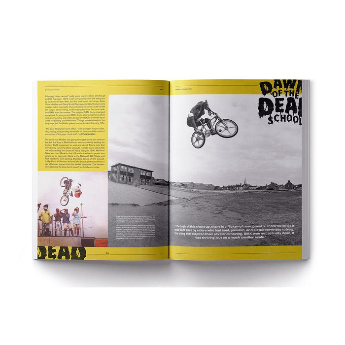 An open Grey Stoke BMX Magazine V4 spread displays vintage BMX photos—both black-and-white and color—with bold yellow text boxes and a “Dawn of the Dead School” headline, illustrating the dead years of BMX.