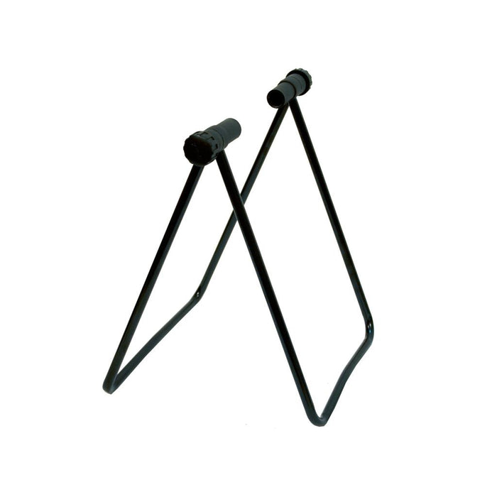 The Hi-Tech Display Stand is a black powder-coated, foldable stand with two tubular arms in an inverted V shape, ideal for displaying items like guitars or bikes in any showroom.