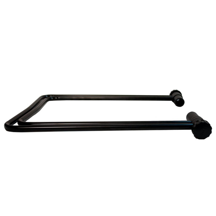 The Hi-Tech Display Stand features a black powder-coated metal towel bar with cylindrical wall mounts, displayed against a white background—perfect for showcasing in any modern showroom.