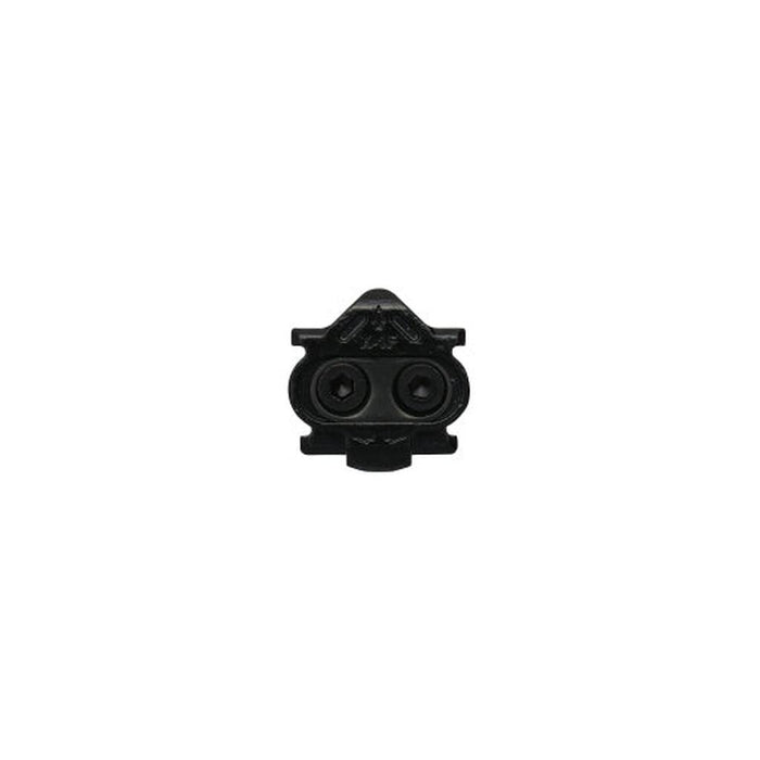HT Components X1 F cleat in black metal for mountain bike clipless pedals, featuring two screw holes, 8° lateral float, and compatibility with HT X-Series systems, shown from a top view against a plain white background.
