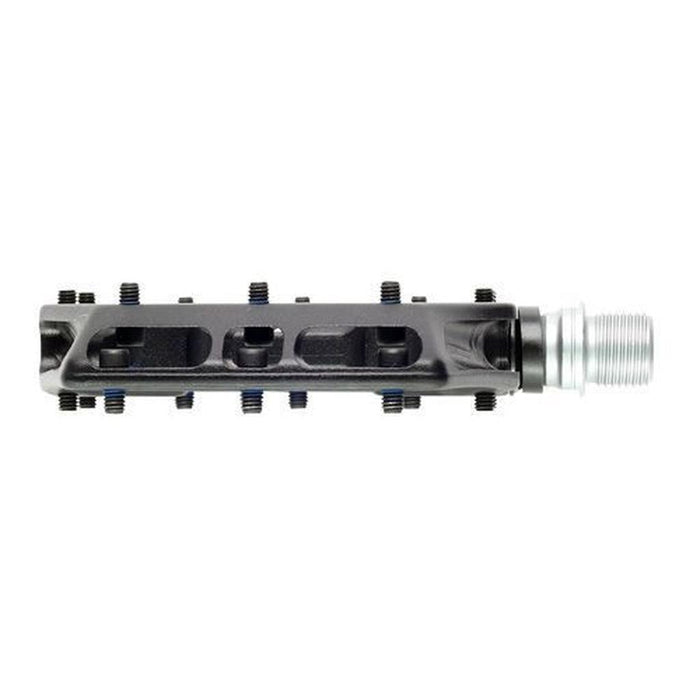 A black, rectangular metal component with multiple screws and a threaded silver end viewed from the side—its sleek, low-profile design resembles high-performance gear like the HT Components AF03 Spider Pedals.