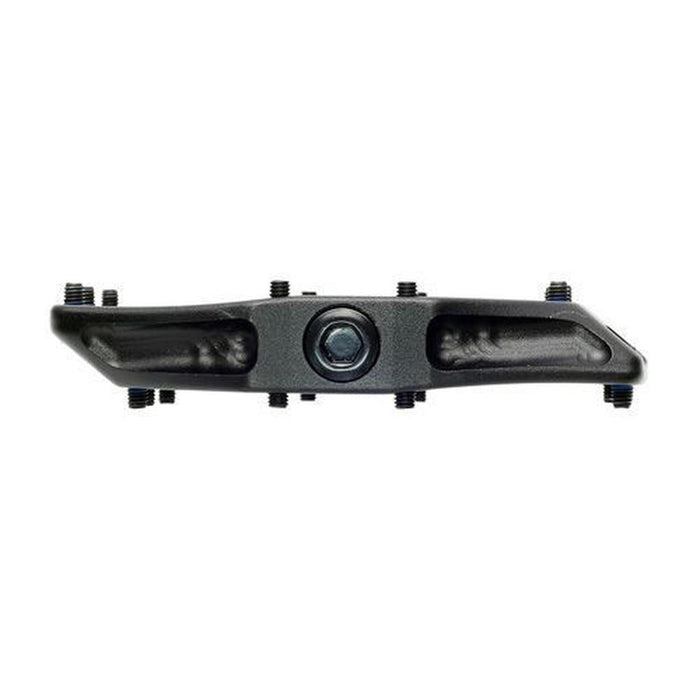 A close-up side view of the black HT Components AF03 Spider Pedals with visible mounting bolts—ideal for bikes requiring small shoe size pedals or lightweight BMX pedal setups.