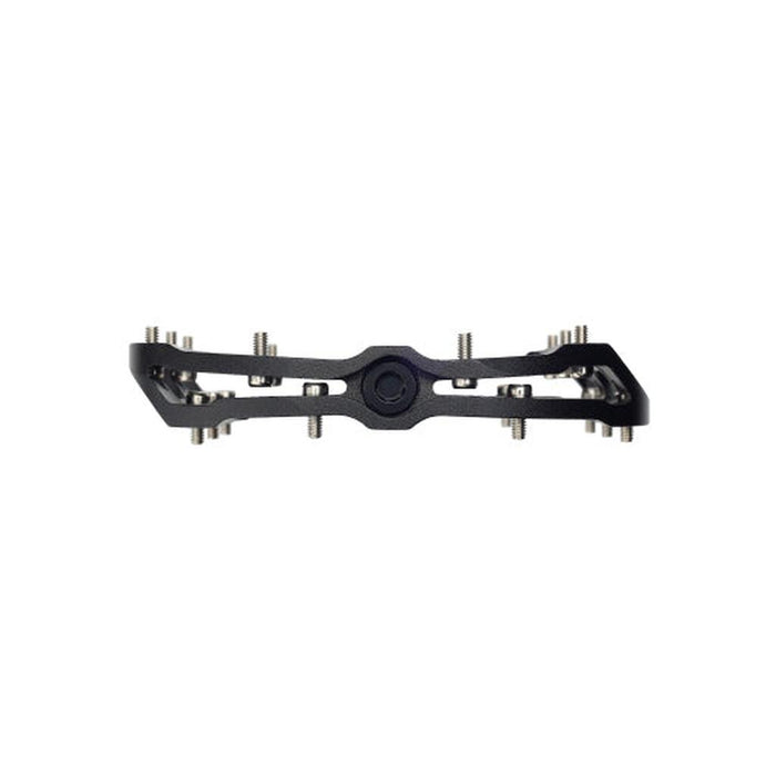 The HT Components Leap ANS08 Pedals in black metal are shown from the front, displaying their visible pins, central axle, and EVO+ bearing system against a white background.
