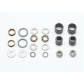 HT Components Pedal Rebuild Kit (X2, AE06, AE12) bearings, washers, and bushings arranged in rows on a white background.
