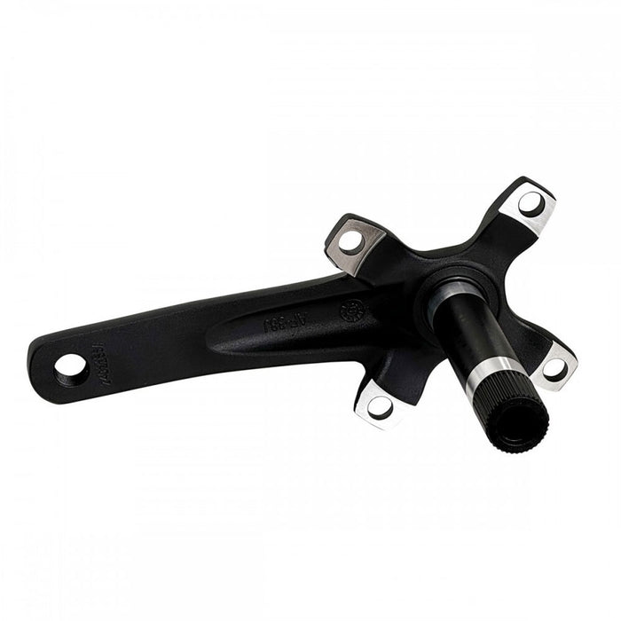 A black Insight MX4 Cranks with an alloy spindle, featuring four bolt holes for mounting chainrings, perfect for a 2 piece crankset.
