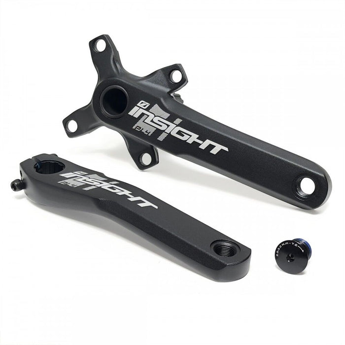 The Insight PL4 Cranks (4 Bolt, 104BCD) features two black crank arms with white logos, shown next to a small blue crank bolt. This lightweight 2-piece set has a durable 24mm Cromo spindle axle.