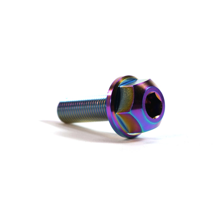 An ION BMX Titanium GR5 Hex Axle Bolt, featuring a partially threaded shank and integrated washer, CNC machined from iridescent titanium, is displayed on a white background.