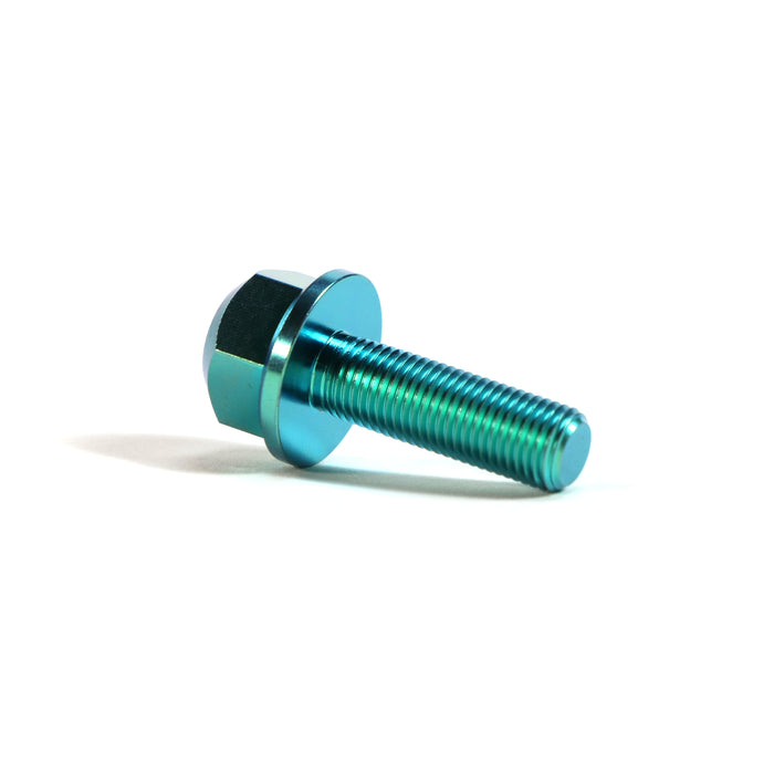 The ION BMX Titanium GR5 Hex Axle Bolt, CNC machined and metallic blue with a flange, is an ideal precision upgrade for BMX axles. Shown individually on a white background.