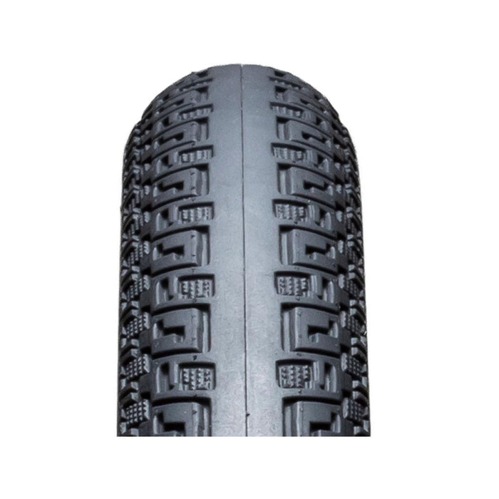 Close-up view of the IRC Siren Comp Rise 20 Inch Tyre, a lightweight track tyre featuring a detailed tread pattern with rectangular and square-shaped knobs, engineered for high performance at an affordable price.