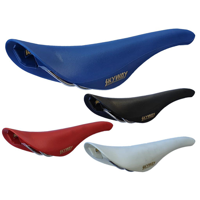 Four Kashimax Aero BMX AMX-C Railed Seats in blue, black, red, and white—each with a classic "Skyway" logo and Japanese vintage styling—are displayed on a plain background.