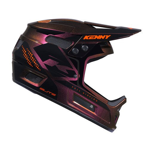 The Kenny Racing Helmet Elite Graphic Chameleon Orange is a black and metallic purple full-face BMX race helmet featuring striking orange accents, a large visor, bold “KENNY” branding on the side, and a lightweight design—perfect for riders who want both style and safety.