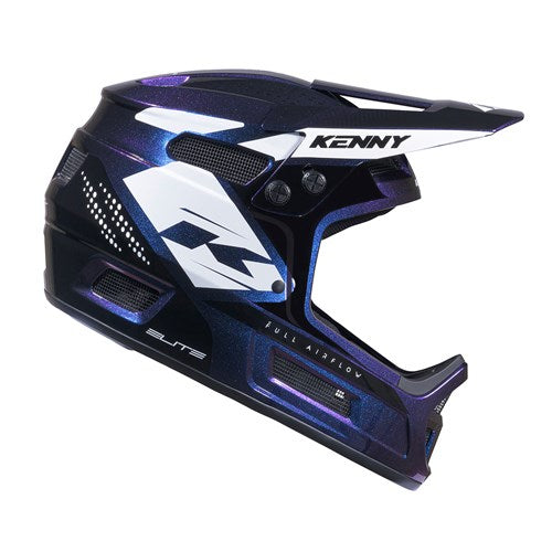 The Kenny Racing Helmet Elite Graphic Night Diamond is a lightweight full-face BMX helmet in black and blue, featuring a visor, striking white graphics, and the word “KENNY” on the side—perfect for young riders looking for both style and protection.