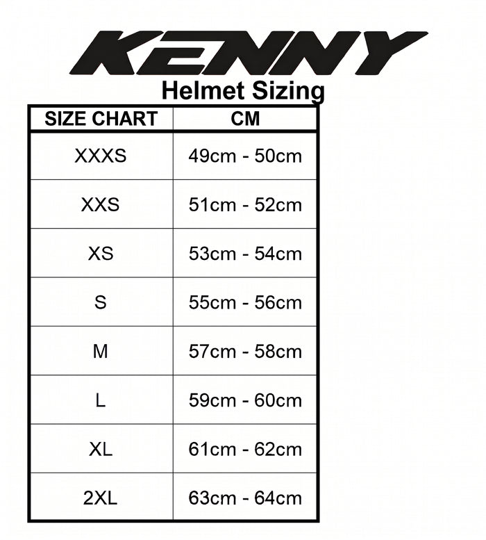 Kenny Racing Helmet Elite / White Gradient helmet sizing chart lists head circumference ranges in centimeters for sizes XXXS to 2XL, providing options for riders seeking the lightest BMX race helmet and precise fits such as the XXXS BMX helmet.
