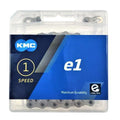 The KMC E1 Chain (3/32 Inch) comes in retail packaging, is designed for 1-speed bikes, and features e-bike technology for maximum durability.