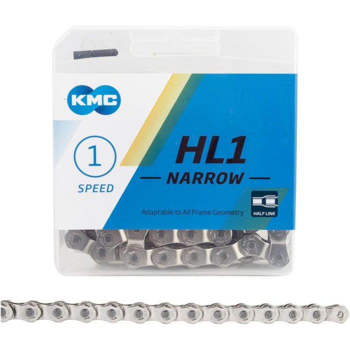 KMC HL1 Narrow Chain (3/32 Inch) for 1-speed bikes shown in packaging, with a section of this durable single speed chain displayed outside the box.