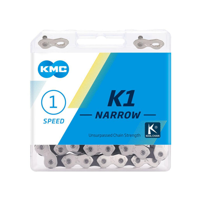 A plastic package labeled "KMC K1 Chain (Narrow) / 112L" contains a single-speed chain, featuring blue and yellow design elements and the text "Unsurpassed Chain Strength.