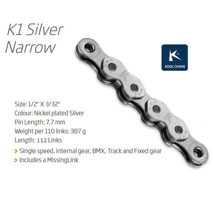 KMC K1 Chain (Narrow) / 112L: nickel-plated, single speed chain with 7.7mm pin length and missing link, ideal for BMX, track, and fixed gear bikes.