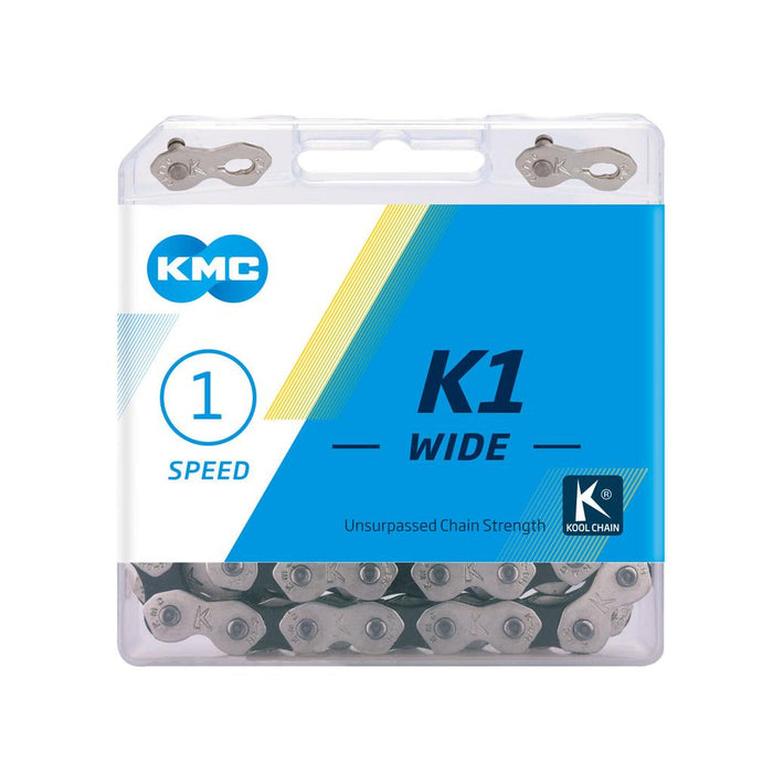 KMC K1 Chain (Wide) / 112L in retail packaging, designed for single speed (1-speed) bikes, features "Unsurpassed Chain Strength" and "Kool Chain" branding.