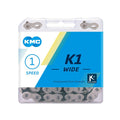 KMC K1 Chain (Wide) / 112L in retail packaging, designed for single speed (1-speed) bikes, features "Unsurpassed Chain Strength" and "Kool Chain" branding.