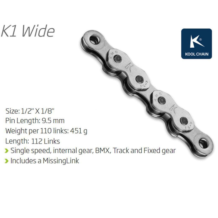 KMC K1 Chain (Wide) / 112L: 1/2" x 1/8", 9.5mm pin, single speed chain ideal for BMX, track, or fixed gear bikes; compatible with KMC K1 models and includes MissingLink.