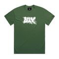 LUXBMX Appleton Tee Faded Forest is crafted from heavyweight cotton in a forest green hue, featuring a bold white "UNX" graffiti-style logo across the chest and complemented by Jack Appleton artwork with a small signature near the bottom right of the logo.