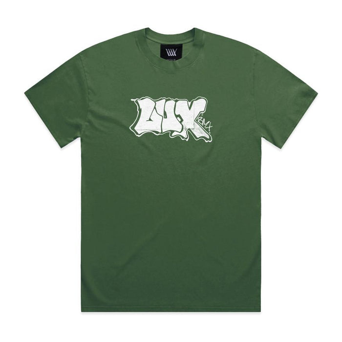 LUXBMX Appleton Tee Faded Forest is crafted from heavyweight cotton in a forest green hue, featuring a bold white "UNX" graffiti-style logo across the chest and complemented by Jack Appleton artwork with a small signature near the bottom right of the logo.