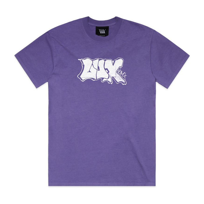 LUXBMX Appleton Tee Faded Violet, a heavyweight cotton t-shirt in purple with white graffiti-style "LUX" text on the front, inspired by Jack Appleton’s signature graffiti t-shirt designs, shown against a white background.