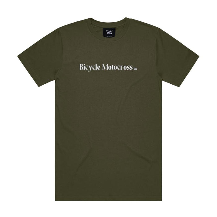 The LUXBMX Bicycle Motocross Tee Army features an olive green color with bold "Bicycle Motocross" white lettering across the chest, making it the ideal classic motocross-style t-shirt for any LUXBMX fan.