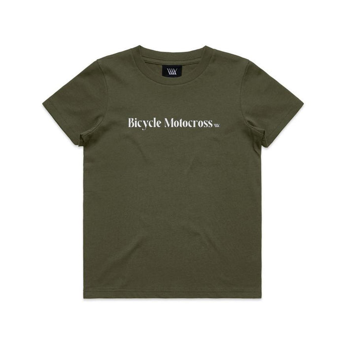 The LUXBMX Bicycle Motocross Youth Tee Army features an olive green color with "Bicycle Motocross" printed in bold white text across the chest, making it a stylish and comfortable choice for young BMX riders.