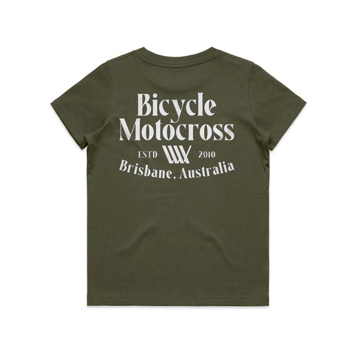 An army green LUXBMX Bicycle Motocross Youth Tee featuring white text on the back that reads "Bicycle Motocross, ESTD 2010, Brisbane, Australia.