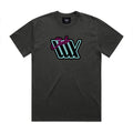 LUXBMX Club LUX Tee Faded Coal is a black heavyweight cotton t-shirt featuring the "Club WXY" logo in neon blue and pink script on the chest, channeling a classic retro neon vibe.