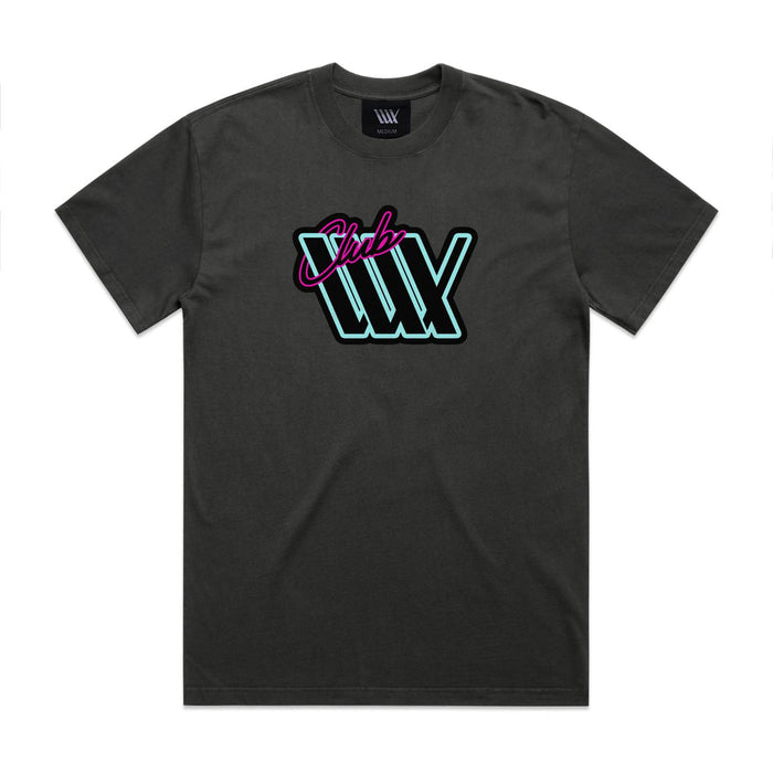 LUXBMX Club LUX Tee Faded Coal is a black heavyweight cotton t-shirt featuring the "Club WXY" logo in neon blue and pink script on the chest, channeling a classic retro neon vibe.